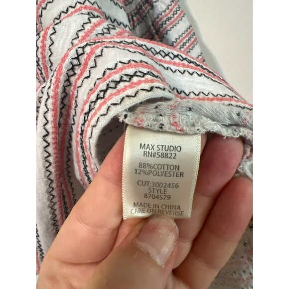 Max Studio Sz L Ruffle Sleeve Embroidered Stripe Top Coral Black White - Picture 4 of 7